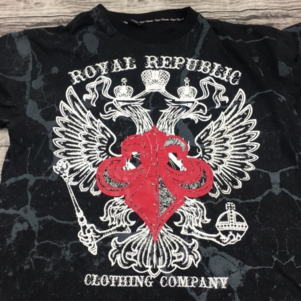 Royal Republic Mens2XL Black Marble Acid Wash Graphic T-Shirt Fleur De Lis Eagle